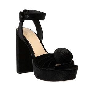 Antonio Melani X Nicola Bathie Emilia Black Velvet Rose Platform Sandals SZ 10